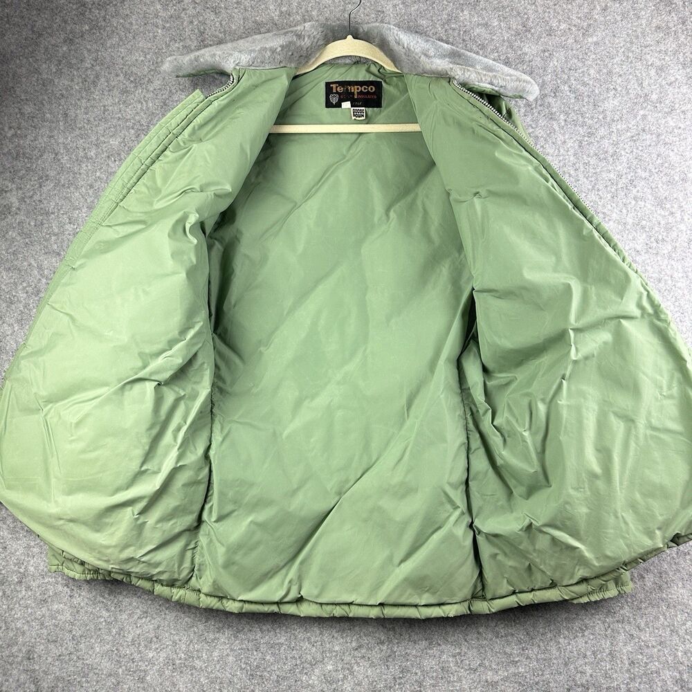 VTG Tempco Goose Down Jacket Mens 44 Green Fur Collar Quilted Talon Zip READ* - Picture 10 of 16